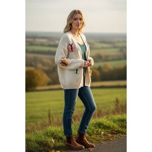 Luna Ivy Cream Cottagecore Garden Knit Open Cardigan 3D Butterflies Women's XS